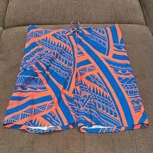 Bold Patterned Blue and Orange Board Shorts